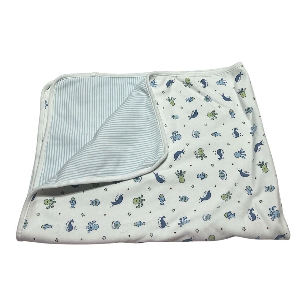 Vintage OshKosh Sea Animal Blue Baby Blanket Fish Octopus Whale Stripe Cotton